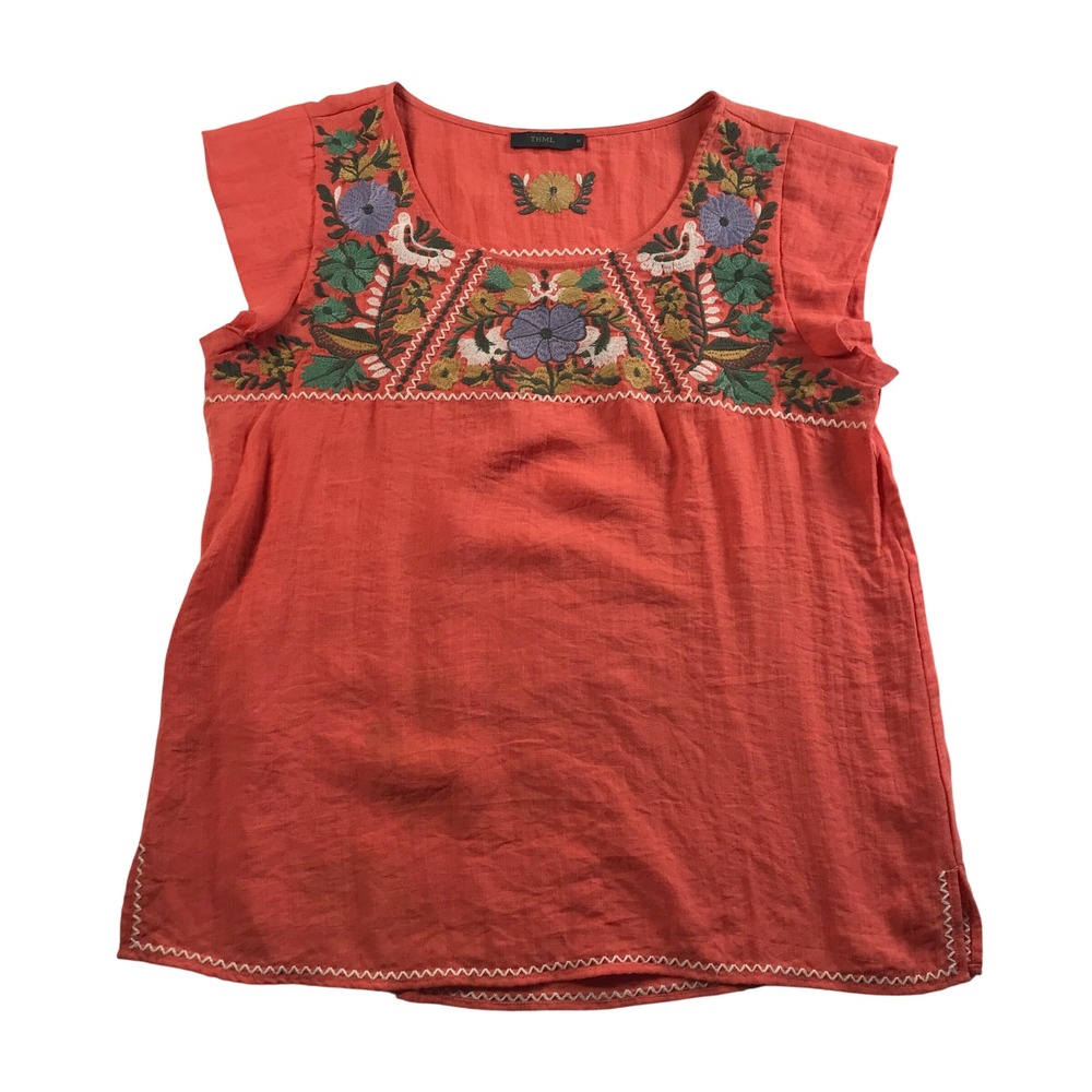 THML Coral Orange Floral Embroidered Boho Cap Sleeve Top Size M TM3419